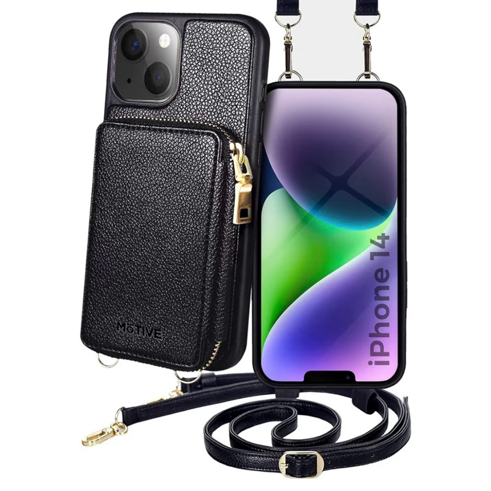 Black Leather Crossbody Wallet Case for iPhone 14